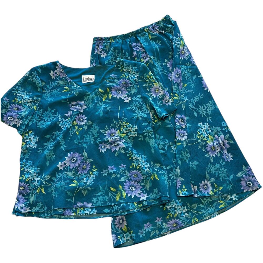 Vintage Skirt Top Set Womens Size 18 Blue Floral Modest Retro